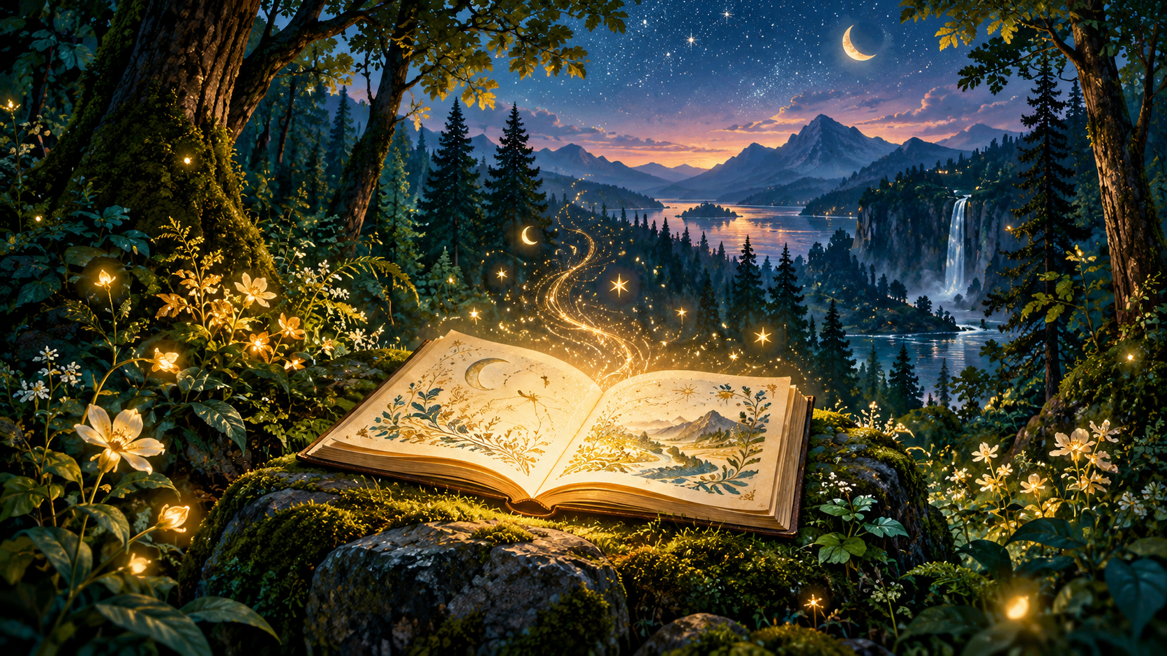 Ilustración generada con IA: un cuaderno luminoso entre árboles, flores y estrellas sobre un paisaje azul.